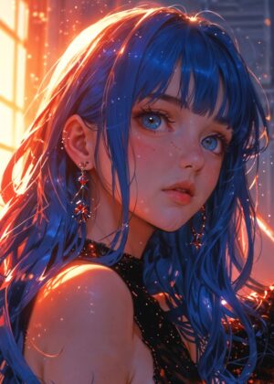 Radiant Blue-Haired Muse in Ethereal Glow - Premium Wooden Framed Poster. Ready to Hang.