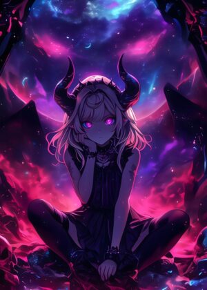 Dark Fantasy Anime Girl with Horns - Premium Wooden Framed Poster. Ready to Hang.