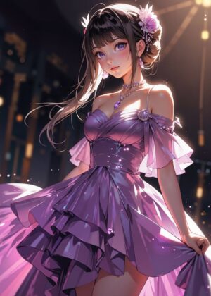 Anime Girl in Elegant Purple Gown - Premium Wooden Framed Poster. Ready to Hang.