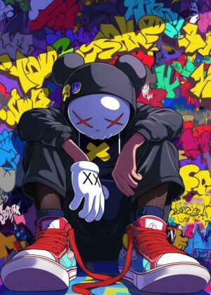 Graffiti Kaws Skull Character Art Print - Premium Wooden Framed Poster. Ready to Hang.