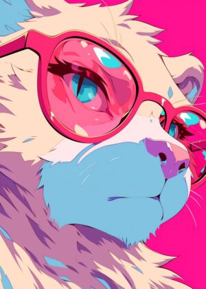Stylish Cat in Retro Sunglasses: Vibrant Art Print - Premium Wooden Framed Poster. Ready to Hang.