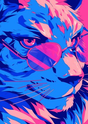 Cool Cat in Sunglasses: Vibrant Retro Art Print - Premium Wooden Framed Poster. Ready to Hang.