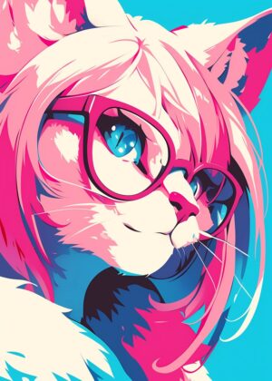 Pink Cat with Glasses: Vibrant Pop Art Print - Premium Wooden Framed Poster. Ready to Hang.