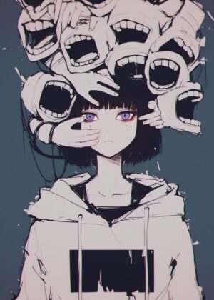 Anime Girl Overwhelmed by Voices - Premium Wooden Framed Poster. Ready to Hang.