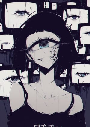 Anime Girl with Multiple Eyes: Digital Art Print - Premium Wooden Framed Poster. Ready to Hang.