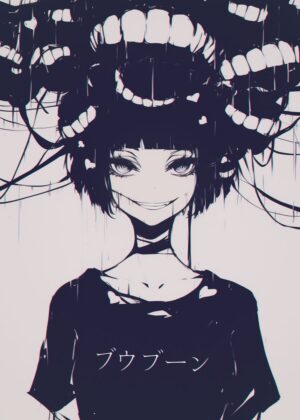 Anime Girl with Mouths: Dark Fantasy Art Print - Premium Wooden Framed Poster. Ready to Hang.
