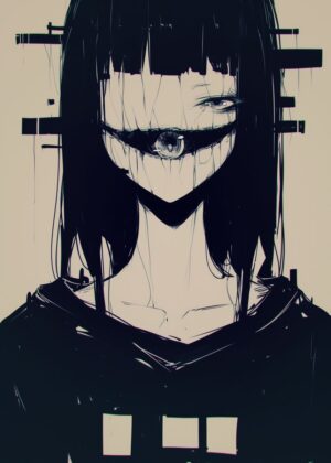 Anime Girl with Eye Over Mouth: Dark Art Print - Premium Wooden Framed Poster. Ready to Hang.
