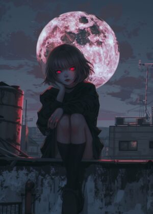 Anime Girl Under Blood Moon: Dark Fantasy Art Print - Premium Wooden Framed Poster. Ready to Hang.