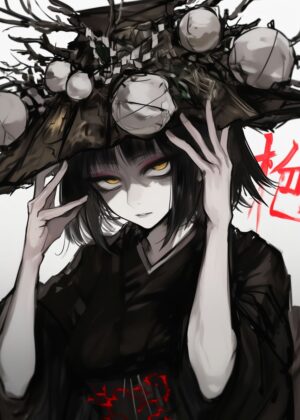 Anime Girl with Intricate Headwear: Dark Fantasy Art Print - Premium Wooden Framed Poster. Ready to Hang.