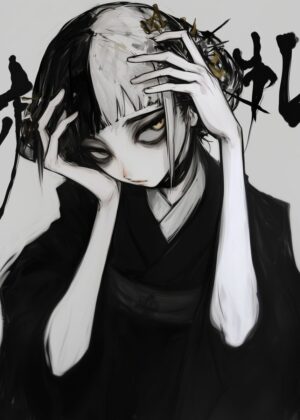 Anime Girl in Kimono: Melancholy Elegance - Premium Wooden Framed Poster. Ready to Hang.