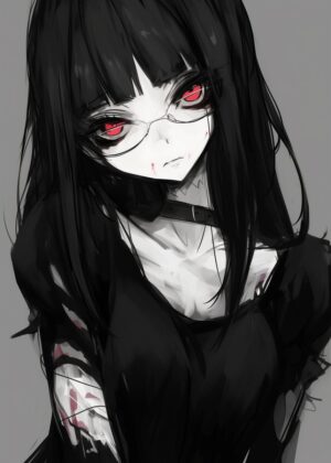 Anime Girl with Crimson Eyes: Dark and Mysterious Art Print - Premium Wooden Framed Poster. Ready to Hang.