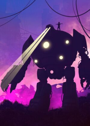 Giant Robot Silhouette Artwork: Post-Apocalyptic Sci-Fi Scene - Premium Wooden Framed Poster. Ready to Hang.
