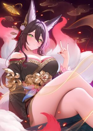 Enchanting Kitsune in Traditional Attire - Premium Wooden Framed Poster. Ready to Hang.