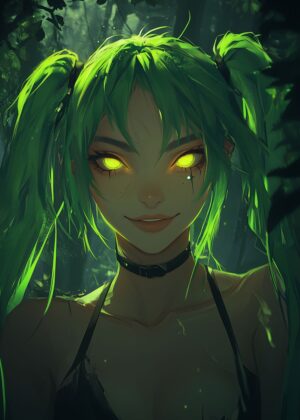Gothic Neon Anime Girl Art Print - Premium Wooden Framed Poster. Ready to Hang.
