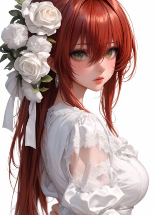 Anime Girl with White Flowers: Waifu Art Print - Premium Wooden Framed Poster. Ready to Hang.
