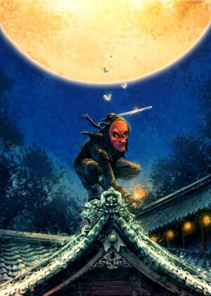 Shadow Under the Moon: Ninja Artwork - Premium Wooden Framed Poster. Ready to Hang.