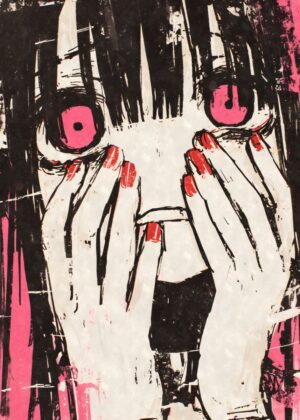 Anime Girl Hiding Face in Shock - Premium Wooden Framed Poster. Ready to Hang.
