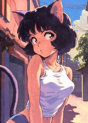 90s Anime Cat Girl Art Print - Premium Wooden Framed Poster. Ready to Hang.