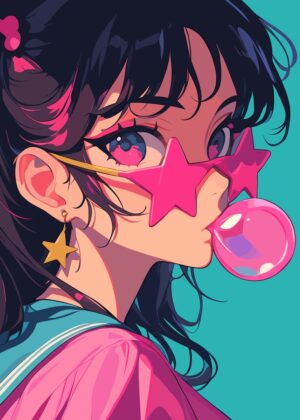 Anime Girl Blowing Bubblegum in Star Sunglasses - Premium Wooden Framed Poster. Ready to Hang.