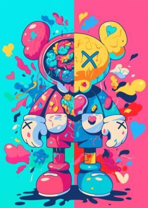 Split Character Art: Vibrant Pop Surrealism - Premium Wooden Framed Poster. Ready to Hang.