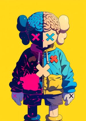 Brain Split Character Art: Dual Minds, Vibrant Style - Premium Wooden Framed Poster. Ready to Hang.