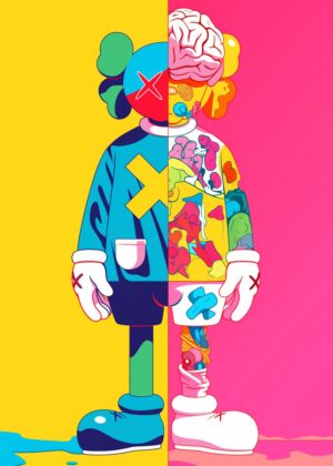 Kaws Brain Split: A Vibrant Exploration of Duality - Premium Wooden Framed Poster. Ready to Hang.