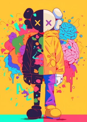 Vibrant Dual-Personality Character Illustration - Premium Wooden Framed Poster. Ready to Hang.