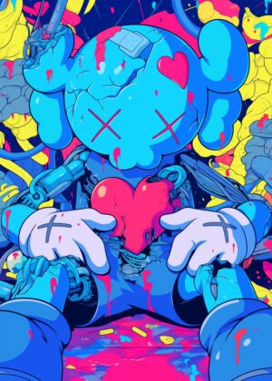 Broken Heart Robot: A Vibrant Expression of Emotional Pain - Premium Wooden Framed Poster. Ready to Hang.