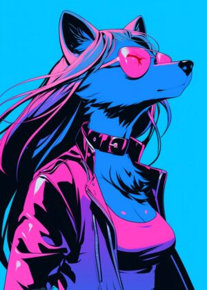 Cyberpunk Fox Girl: Neon Dreams Art Print - Premium Wooden Framed Poster. Ready to Hang.