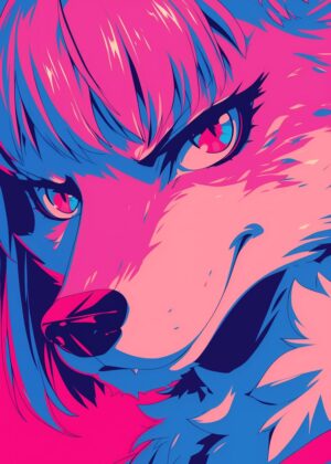 Pink and Blue Anime Wolf Girl Art Print - Premium Wooden Framed Poster. Ready to Hang.
