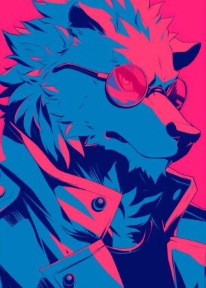 Cool Wolf in Sunglasses: 80s Retro Art Print - Premium Wooden Framed Poster. Ready to Hang.