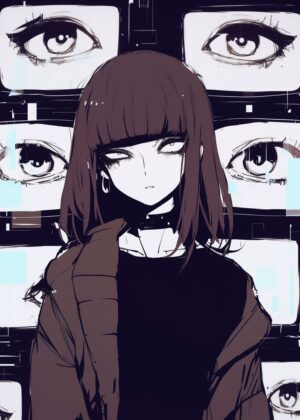 Anime Girl Surrounded by Eyes - Premium Wooden Framed Poster. Ready to Hang.