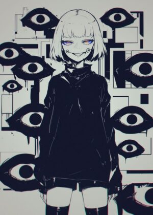 Anime Girl with Eyes: Digital Art Print - Premium Wooden Framed Poster. Ready to Hang.