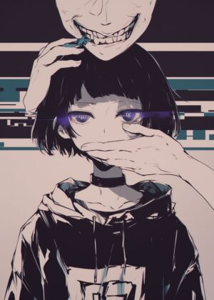 Anime Girl with Mask: A Dark Fantasy Illustration - Premium Wooden Framed Poster. Ready to Hang.