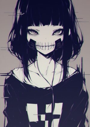 Dark Anime Girl with Skull Mask Art Print - Premium Wooden Framed Poster. Ready to Hang.