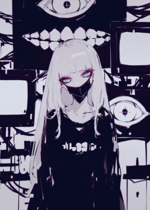 Cyberpunk Anime Girl: Eyes and Screens - Premium Wooden Framed Poster. Ready to Hang.