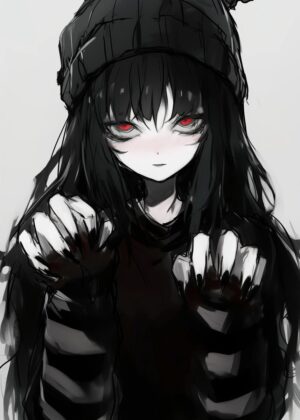 Dark Anime Girl with Fiery Red Eyes - Premium Wooden Framed Poster. Ready to Hang.