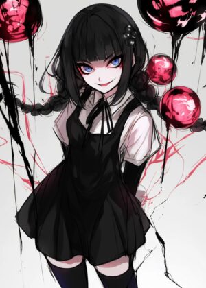 Anime Girl with Red Spheres: Dark Fantasy Art Print - Premium Wooden Framed Poster. Ready to Hang.