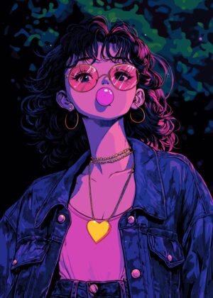 Retro Anime Girl Blowing Bubblegum - Premium Wooden Framed Poster. Ready to Hang.
