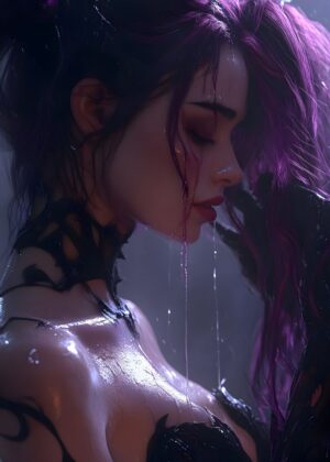 Purple-Haired Woman in the Rain: Digital Art Print - Premium Wooden Framed Poster. Ready to Hang.