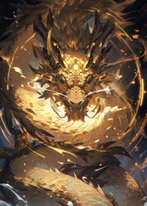 Majestic Golden Dragon Anime Art Print - Premium Wooden Framed Poster. Ready to Hang.