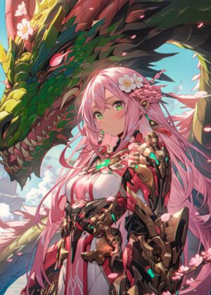 Anime Girl and Dragon: Fantasy Art Print - Premium Wooden Framed Poster. Ready to Hang.