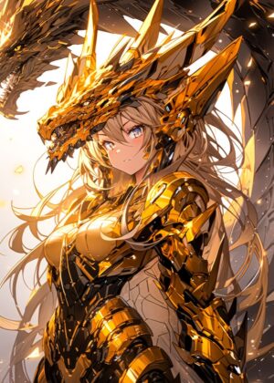 Golden Dragon Armor: Anime Girl Artwork Print - Premium Wooden Framed Poster. Ready to Hang.