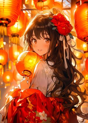 Anime Girl Lantern Festival Artwork - Premium Wooden Framed Poster. Ready to Hang.