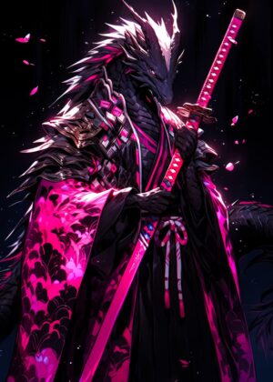 Dragon Samurai: Fierce Guardian of the Night - Premium Wooden Framed Poster. Ready to Hang.