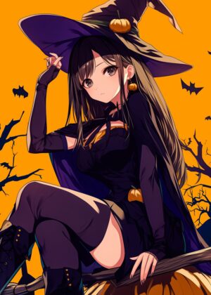Anime Witch Halloween Art Print - Premium Wooden Framed Poster. Ready to Hang.
