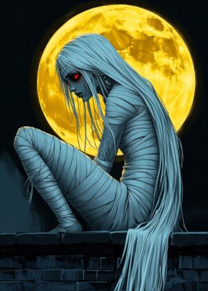 Mummy Woman Under the Moon - Premium Wooden Framed Poster. Ready to Hang.