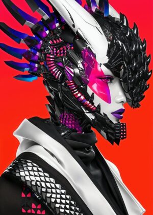 Cyberpunk Female Warrior: Digital Art Print - Premium Wooden Framed Poster. Ready to Hang.