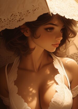 Anime Girl in White Lace: A Dreamy Portrait - Premium Wooden Framed Poster. Ready to Hang.