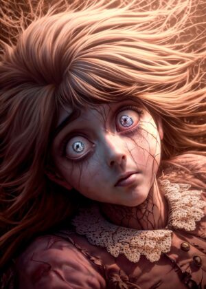 Disturbed Doll: A Haunting Digital Painting - Premium Wooden Framed Poster. Ready to Hang.